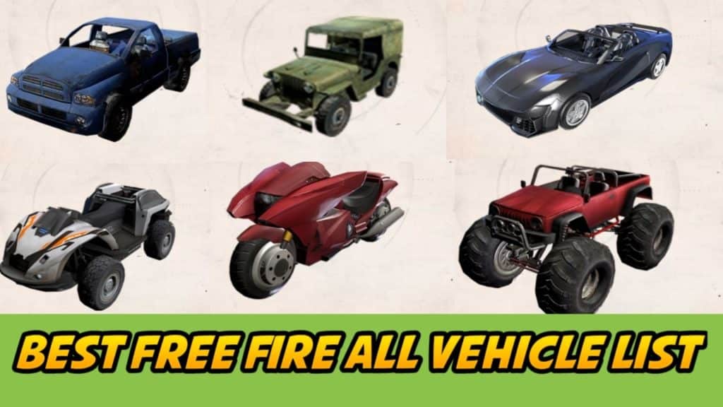 free fire all vehicle list, Best free fire vehicle List