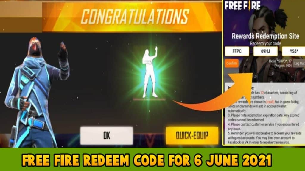 Free fire redeem codes for 6 June 2021