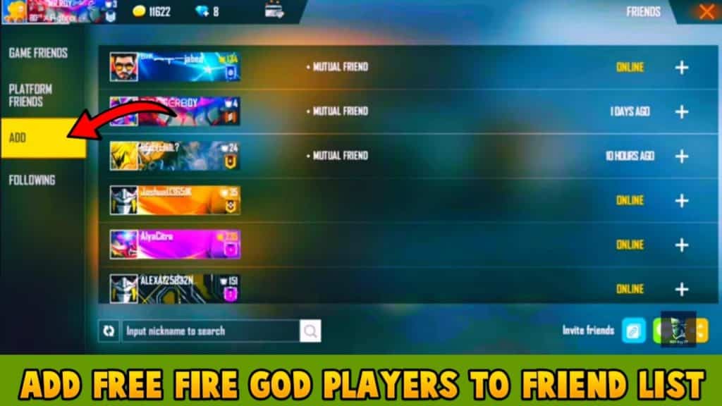 How to add free fire god players to the friend list