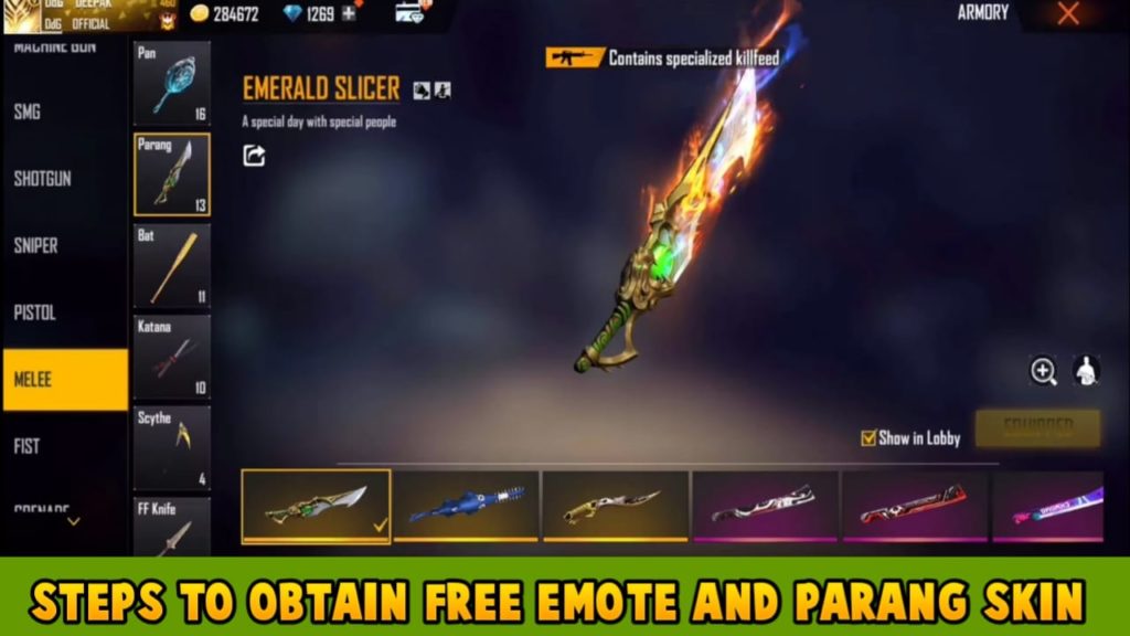Steps To Obtain Free Emote And Emerald Slicer Skin In Free Fire