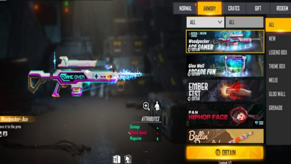 Latest the Ace Gamer weapon skin in free fire 2022