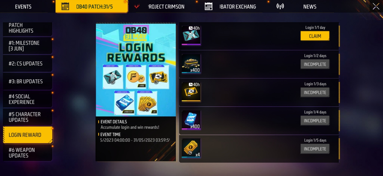 Login Daily For Exciting Rewards In Free Fire Max