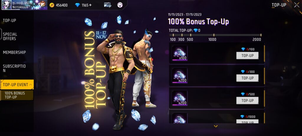 100% Bonus Top-up Event: Get 100% Diamonds Return in Free Fire Max