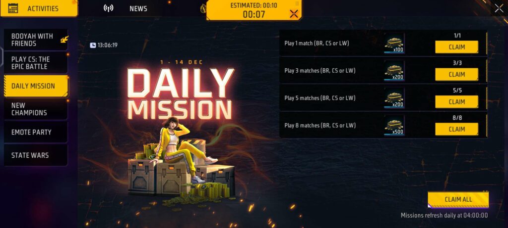 Daily Missions In Free Fire Max: Earn Free Golds Daily