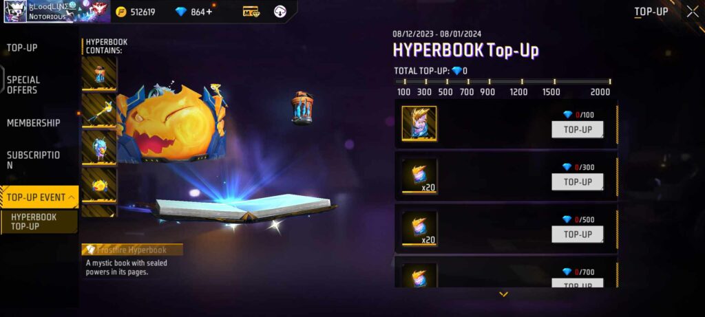 New Event In Free Fire Max: The FrostFire Hyperbook Top-up Event