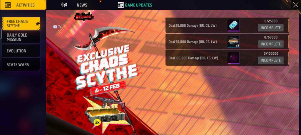 New Activity Event In Free Fire: Free Chaos Scythe 